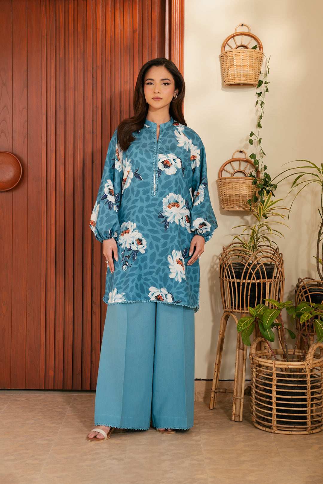 1 Piece Printed Cambric Shirt for women – stylish blue floral kurti for casual wear in Pakistan.
