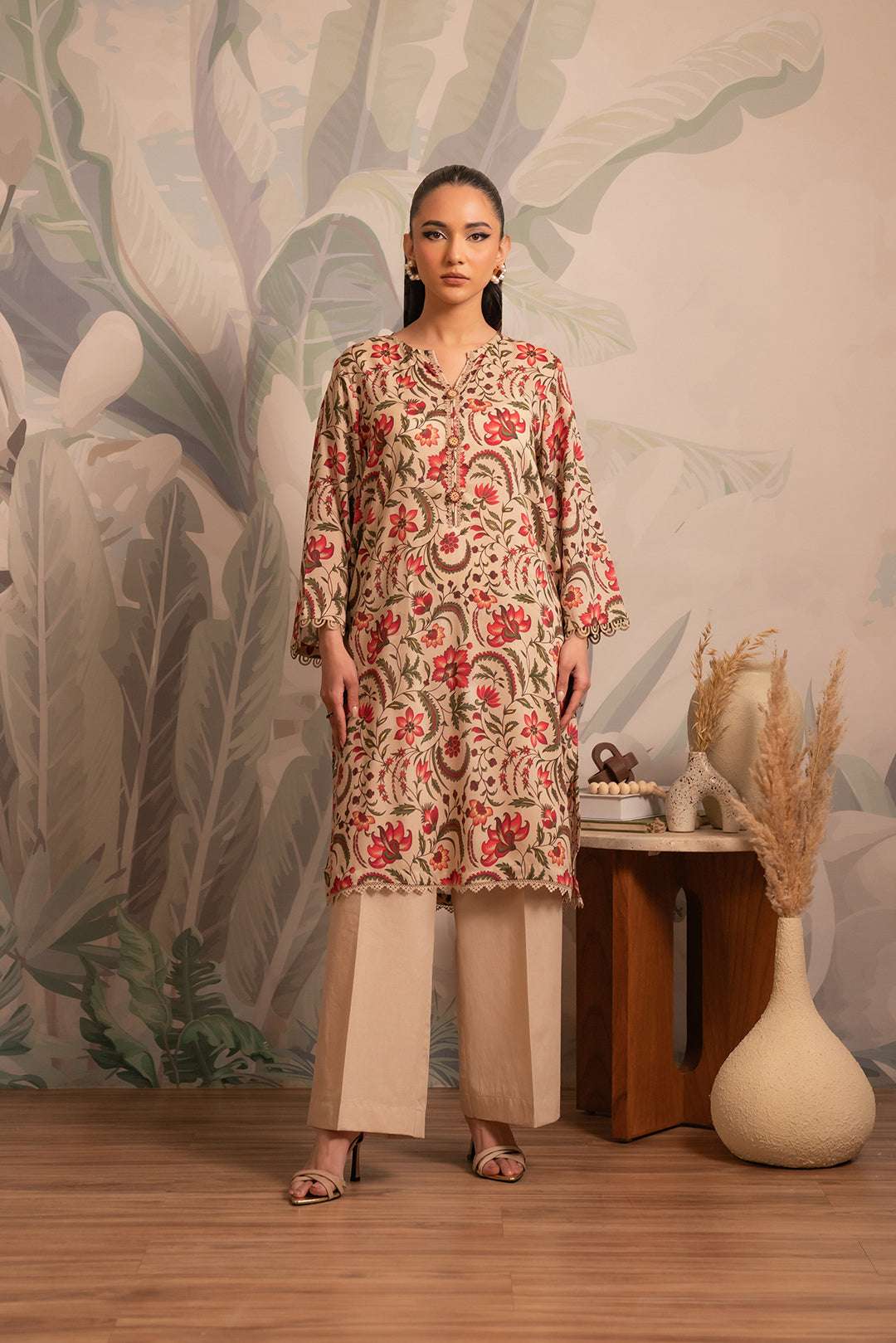 1 Piece Printed Linen Shirt – elegant fawn base kurti with Mughal-inspired floral jaal print for women.