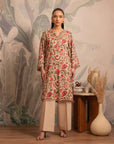 1 Piece Printed Linen Shirt – elegant fawn base kurti with Mughal-inspired floral jaal print for women.
