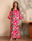 1 Piece Printed Linen Shirt – vibrant pink base with green and white abstract leafy pattern for women.