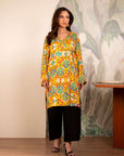 1 Piece Printed Linen Shirt – vibrant yellow kurti with colorful digital print for Pakistani women.