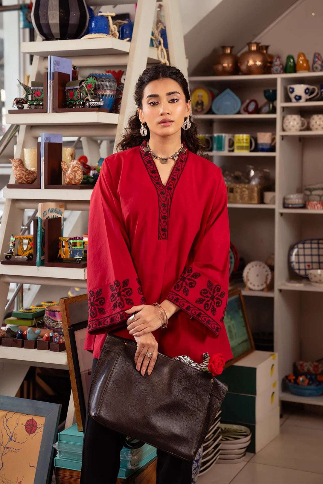 1 Piece Red embroidered lawn shirt for women – stylish ethnic wear for casual & festive looks.