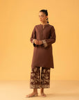 2 Piece Embroidered Cambric Suit for Women in chocolate brown with floral trousers