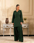 2 Piece Embroidered Raw Silk Suit design in dark green color for women in Pakistan