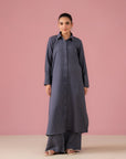 2 Piece Solid Textured Co-ord Set in tropical grey with button-down shirt and wide-leg trousers for stylish women