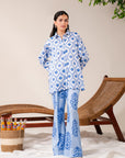 2 Piece printed lawn co ord sets for women – trendy blue printed shirt and trousers, perfect for casual wear and summer outfits in Pakistan