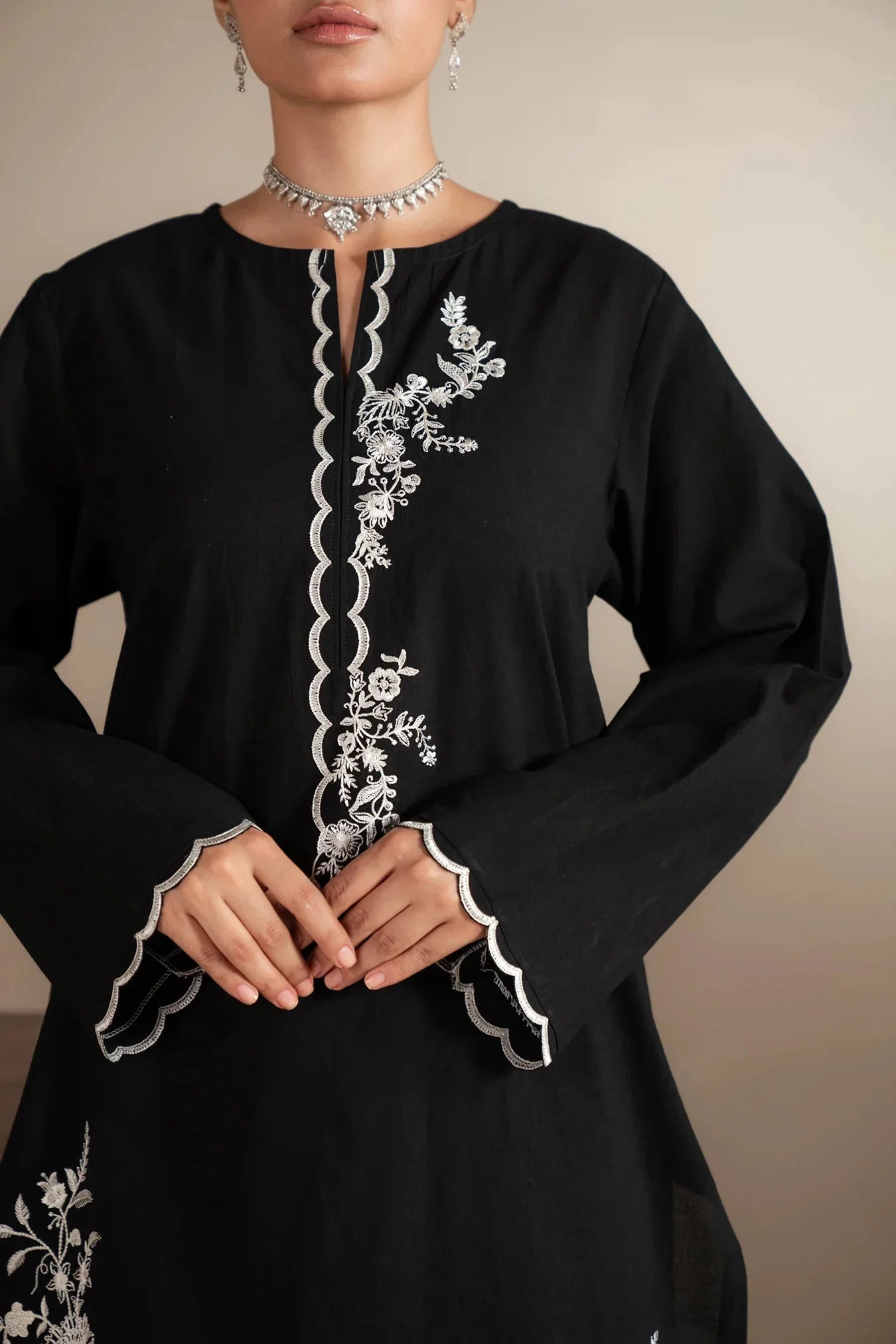 2 piece black lawn suit with white embroidery - designer Pakistani women's clothing collection 2024