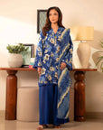 2 piece printed cambric suit – blue floral kurta with monark dupatta, perfect for casual and semi-formal wear.