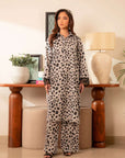 2 piece printed cambric suit – grey and black abstract print shirt with matching trousers for a modern look.