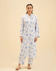 2 piece printed viscose suit – elegant blue floral Pakistani outfit for women.