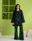 2 piece unstitched digital printed linen suit for women, black and dark green floral pattern, trendy Pakistani dress design for summer