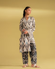 2 piece unstitched digital printed linen suit for women, black and off-white with blue ikat pattern, trendy Pakistani dress for summer