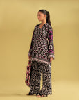 2 piece unstitched digital printed linen suit in black and white, featuring a modern floral and geometric pattern with pink accents