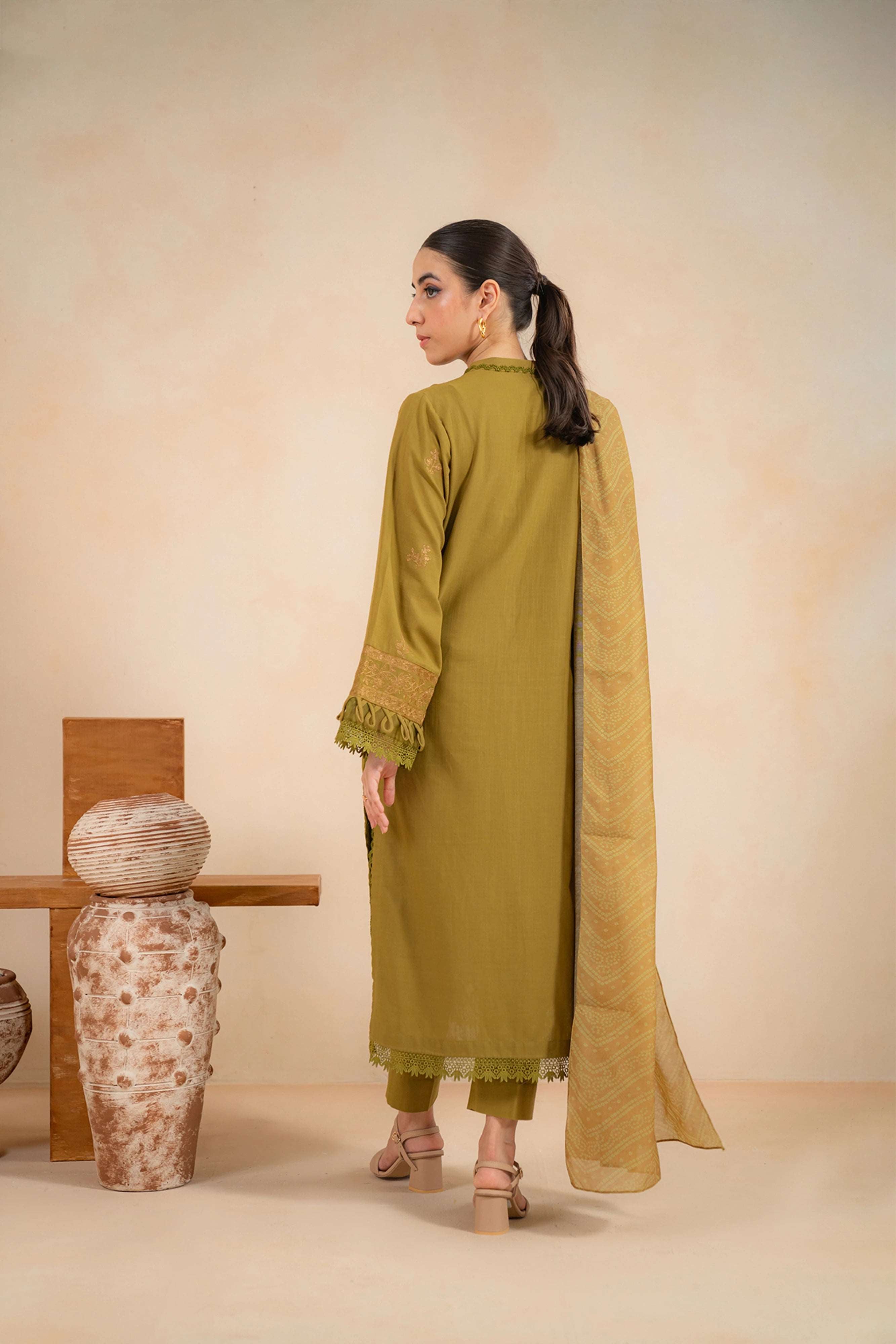 3_Piece_Embroidered_Khaddar_Suit_Olive, Back view