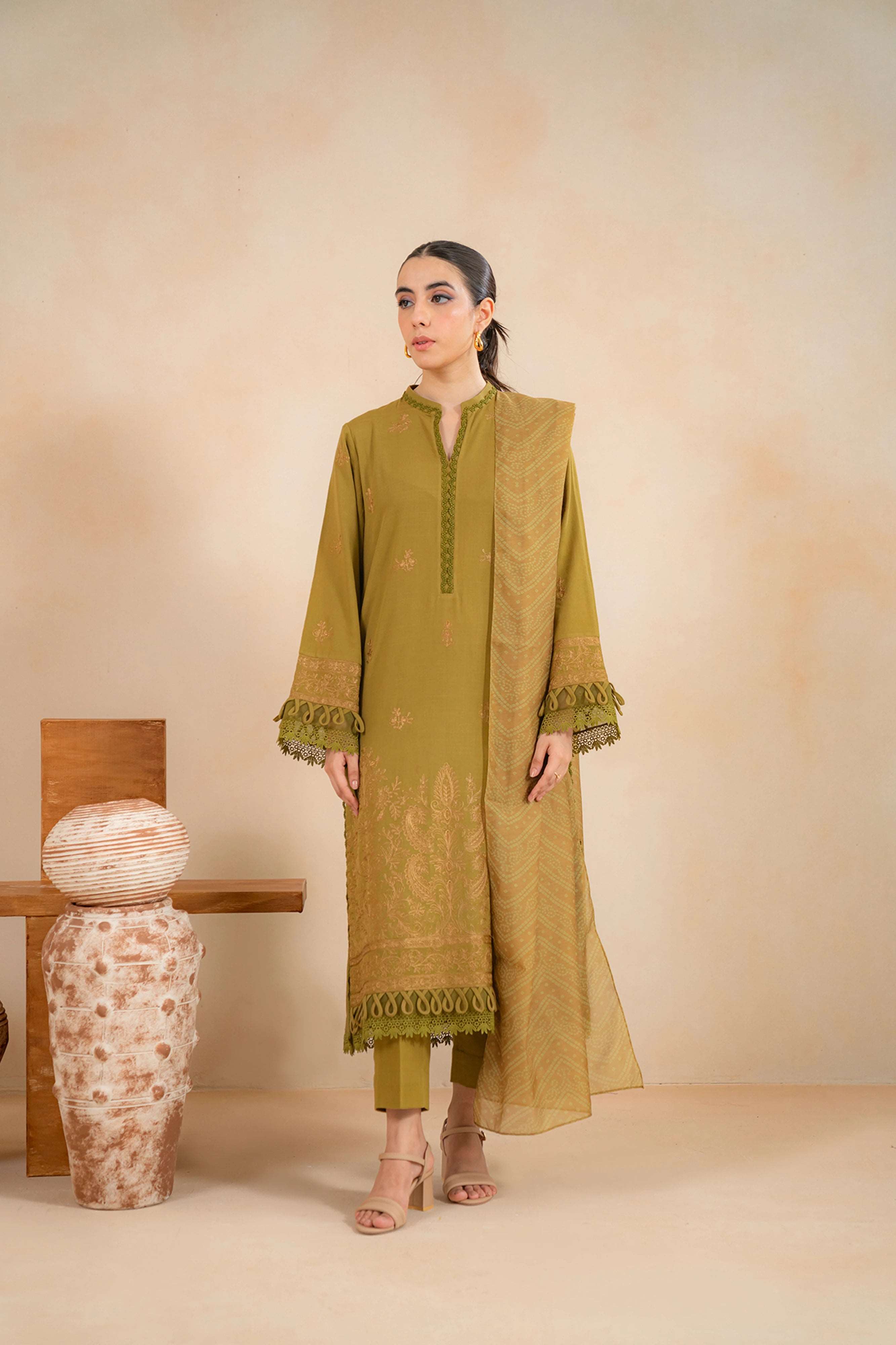 3_Piece_Embroidered_Khaddar_Suit_Olive, East Fashion