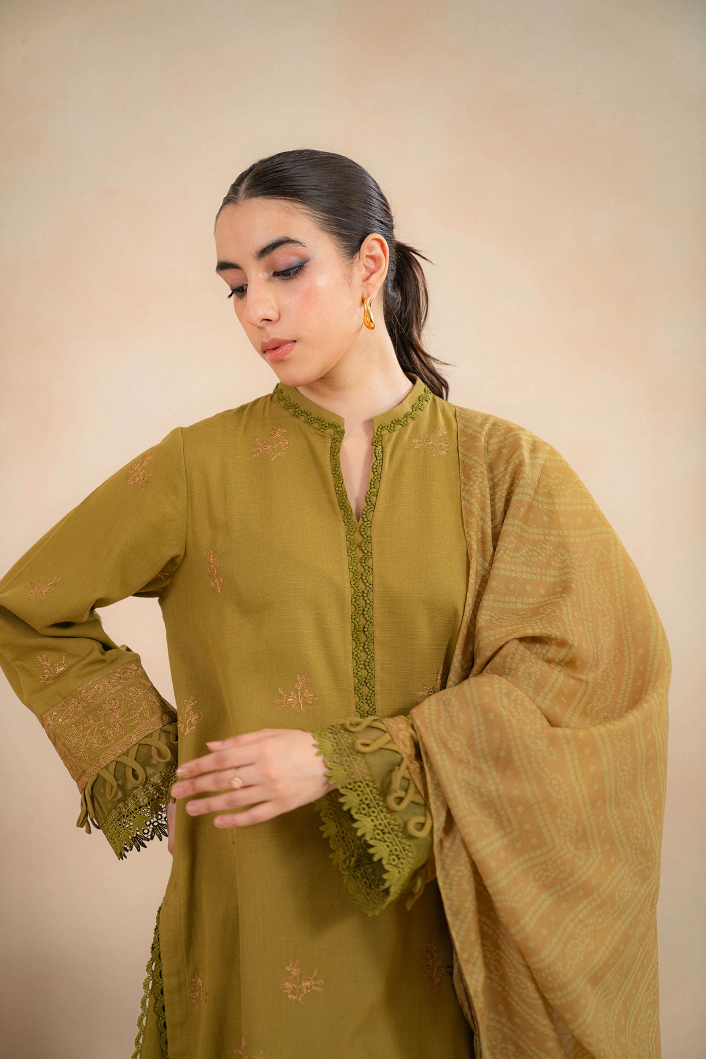 3_Piece_Embroidered_Khaddar_Suit_Olive, close-up of sleeve detail