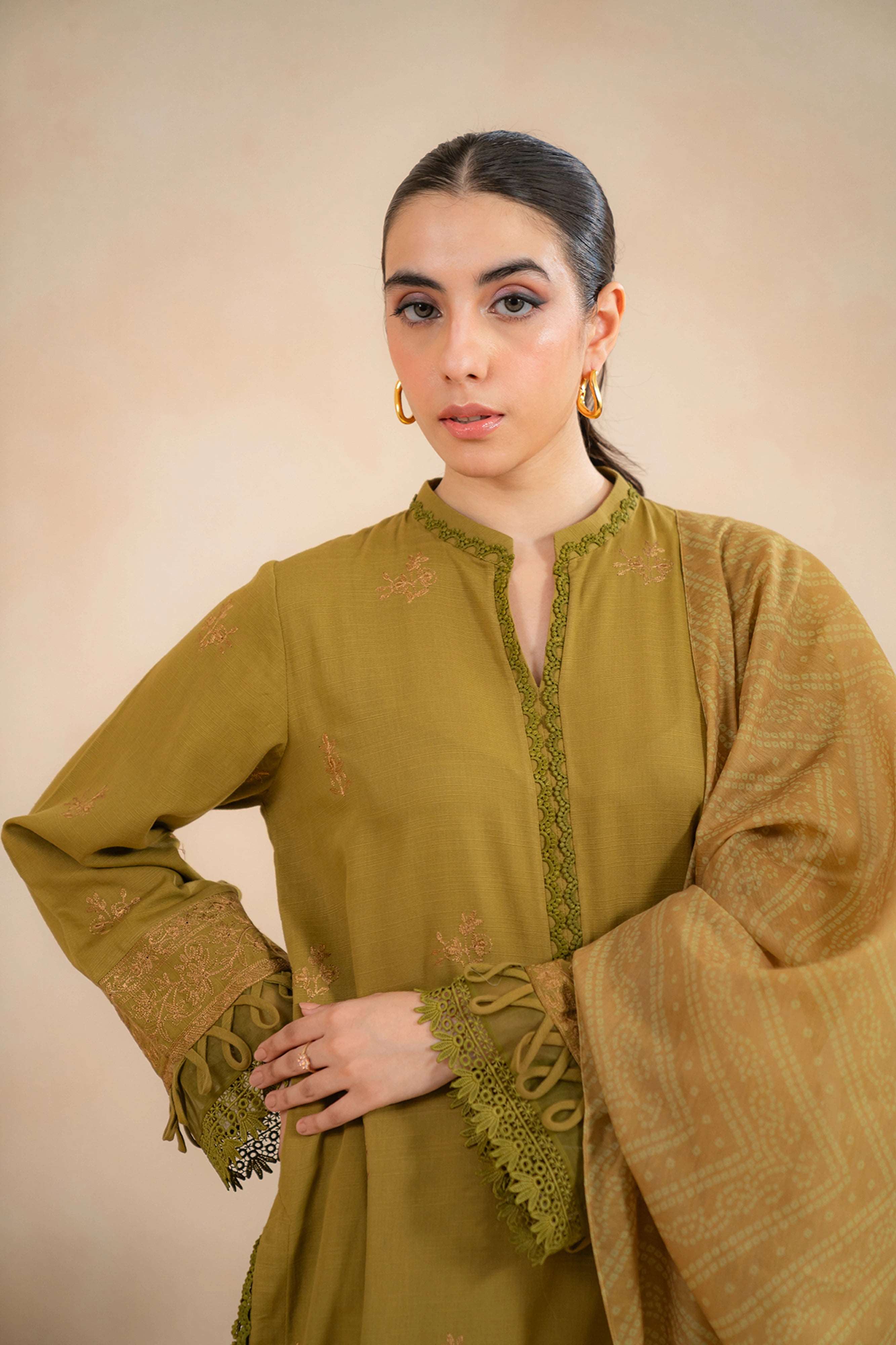 3_Piece_Embroidered_Khaddar_Suit_Olive, close-up of sleeve details
