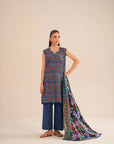 3 Piece Printed Lawn Suit in Navy Blue 2025