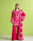 3 piece unstitched digital printed linen suit, fuchsia pink with white embroidery design, trendy Pakistani lawn dress for summer
