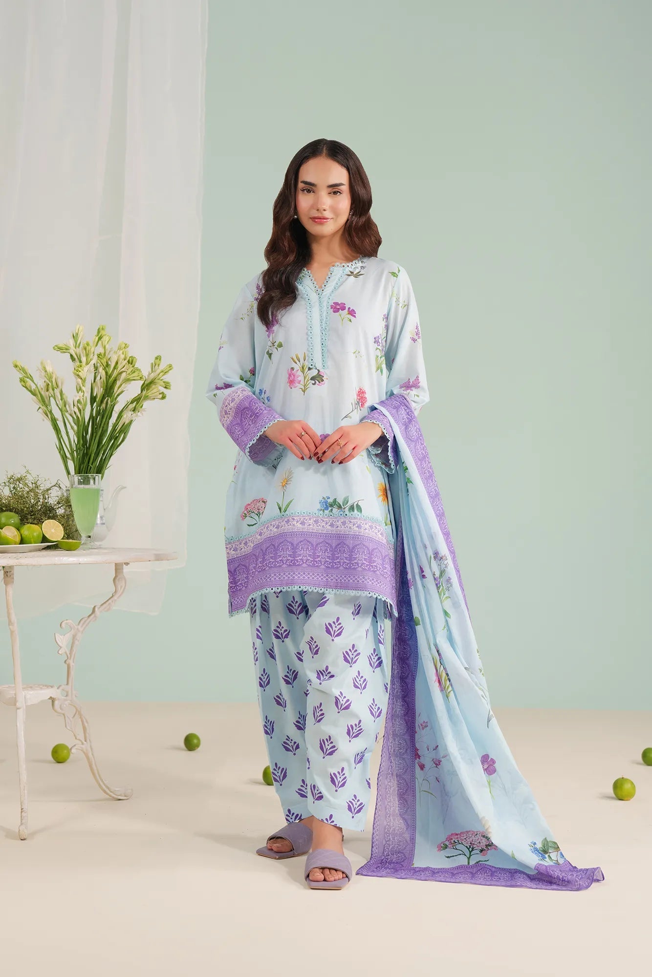 3 piece unstitched lawn suit – digital printed shirt with cambric trouser and voile dupatta, stylish summer wear for Pakistani ladies