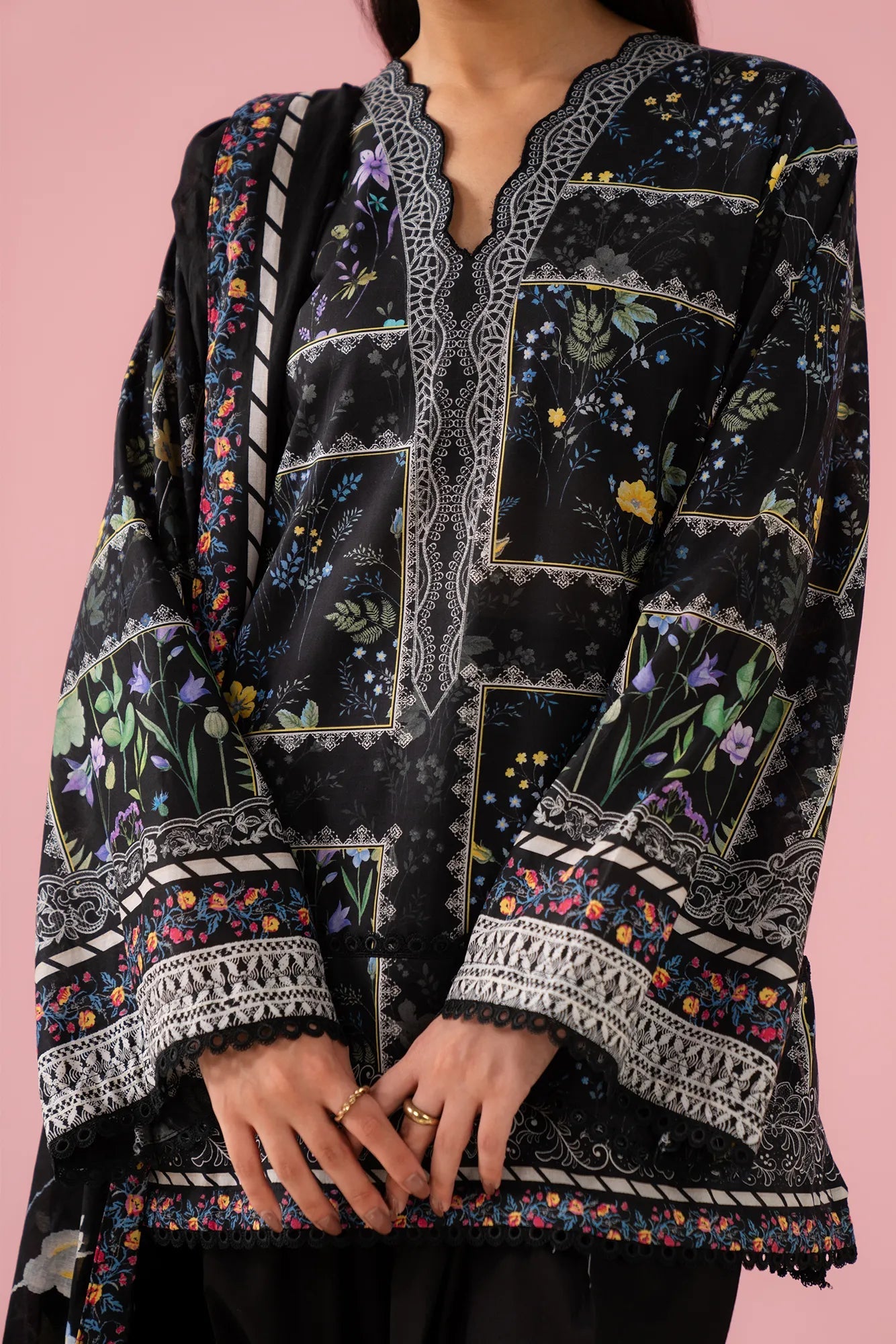 Abu Dhabi women’s 2 piece lawn suit – modern unstitched black printed lawn shirt with digital voile dupatta, perfect ethnic summer outfit