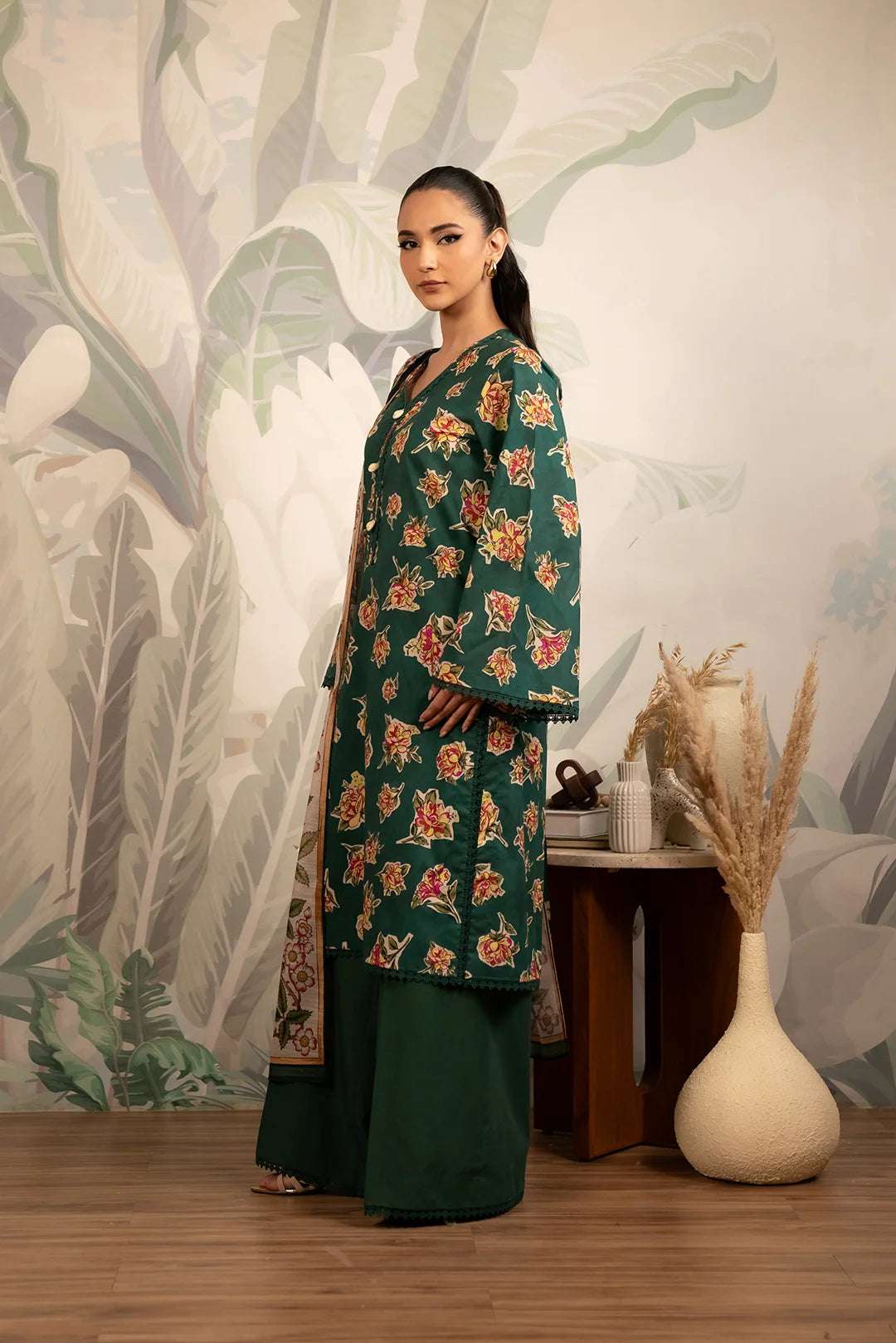 Best Pakistani summer lawn dress – stylish green printed shirt with a sophisticated monark dupatta, ideal for festive and casual wear.