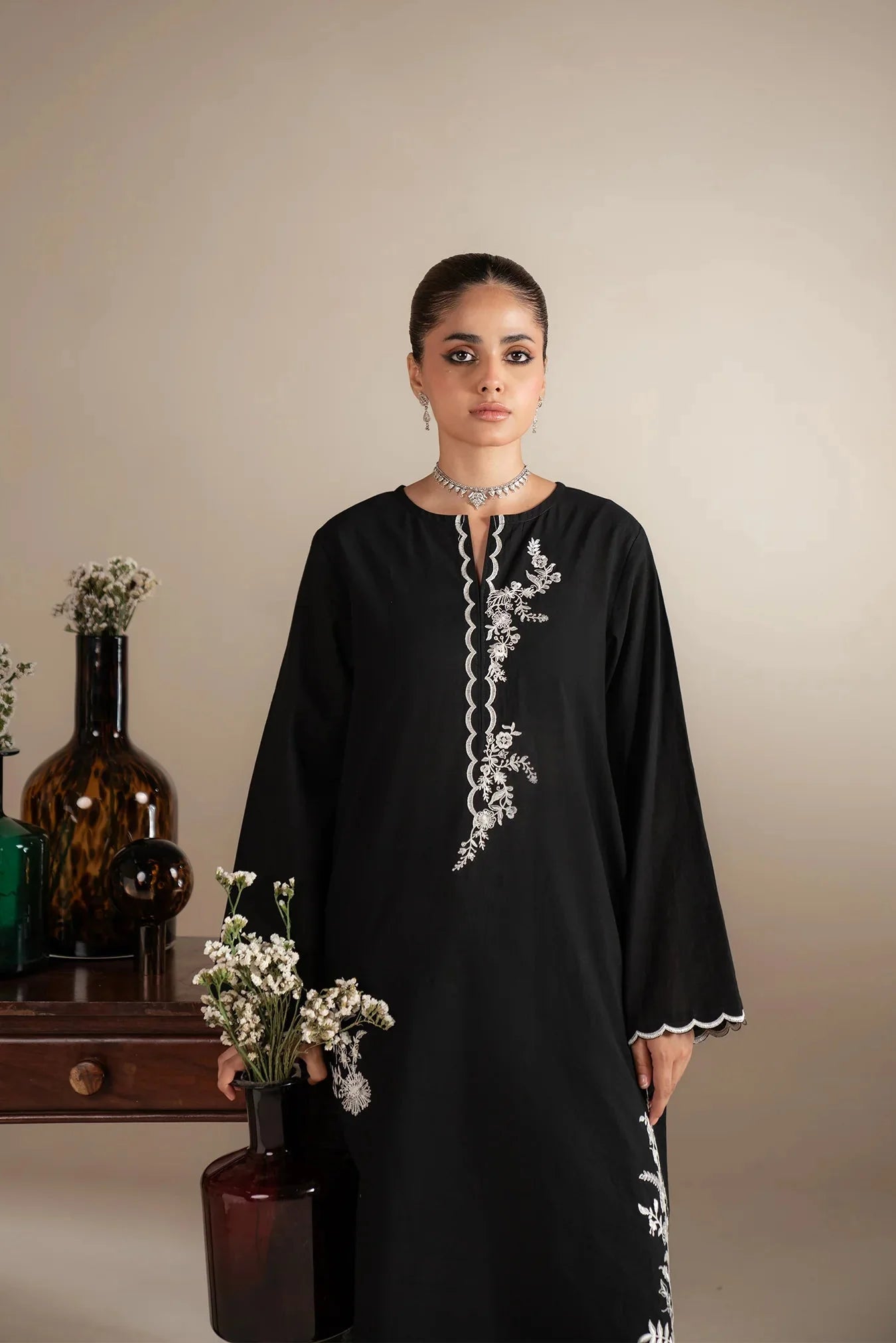 Black 2 piece embroidered lawn suit with white floral embroidery - Pakistani women's formal wear collection