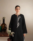 Black 2 piece embroidered lawn suit with white floral embroidery - Pakistani women's formal wear collection