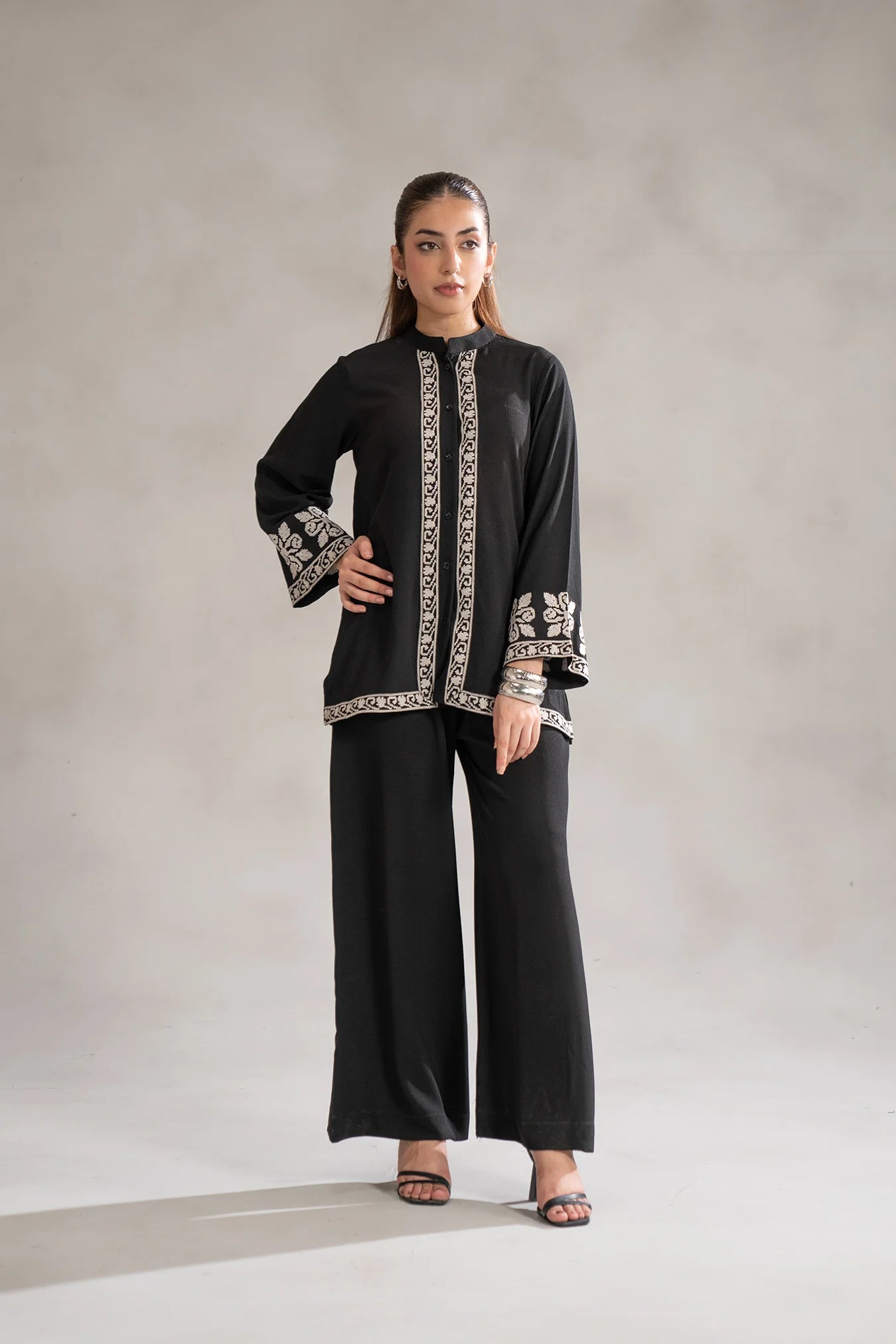 Black 2 piece embroidered suit ready to wear - monochrome Pakistani women formal outfit