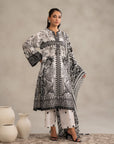 Black and white 2 piece printed lawn suit with chiffon dupatta and cambric trousers