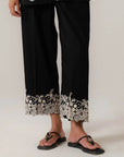 Black embroidered trouser with white lace detailing for women in Pakistan