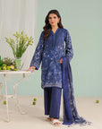 Blue 3-piece unstitched lawn suit for women – digital printed shirt with cambric trouser and chiffon dupatta, premium summer lawn fashion Pakistan.