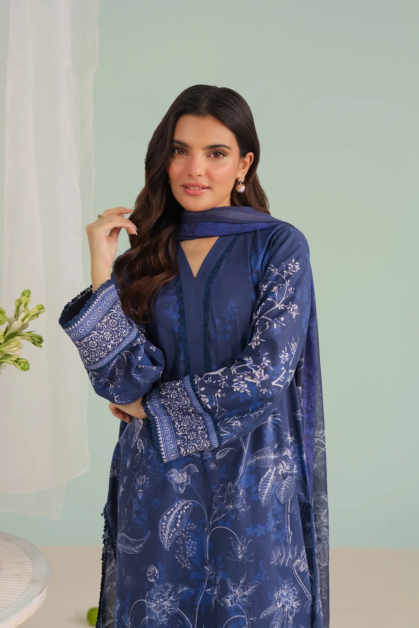 Blue unstitched lawn suit online shopping – vibrant digital printed shirt paired with cambric trouser and chiffon dupatta, ethnic wear for women in Pakistan.