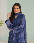 Blue unstitched lawn suit online shopping – vibrant digital printed shirt paired with cambric trouser and chiffon dupatta, ethnic wear for women in Pakistan.