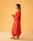 Bold red ladies linen shirt with straight cut and simple neckline
