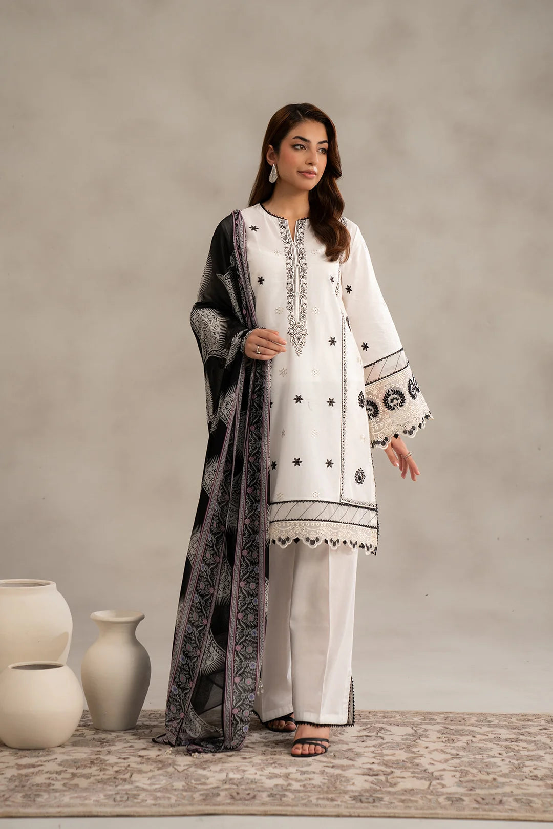 Book black white clothing online - monochrome Pakistani dress outfit 3 piece embroidered lawn
