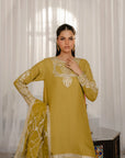 Bridal suit for mehndi ceremony - vibrant lime raw silk suit with organza dupatta and gold work
