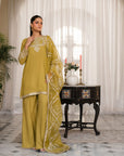 Bridal suit for mehndi lime green - 3 piece raw silk suit with gold embroidery and organza dupatta