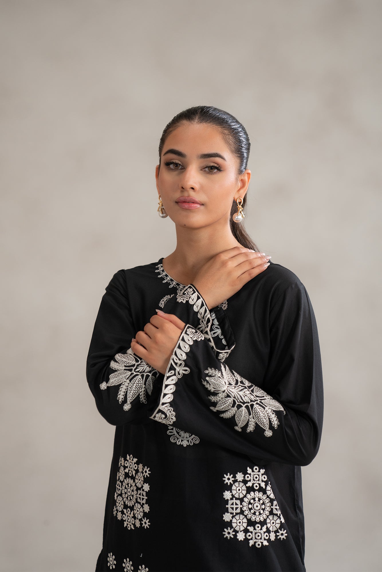 Buy 2 piece black lawn suit embroidered - monochrome Pakistani women dress white stitching