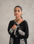 Buy 2 piece black lawn suit embroidered - monochrome Pakistani women dress white stitching
