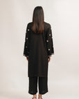 Buy Classic black dobby fabric outfit adorned with white embroidered details
