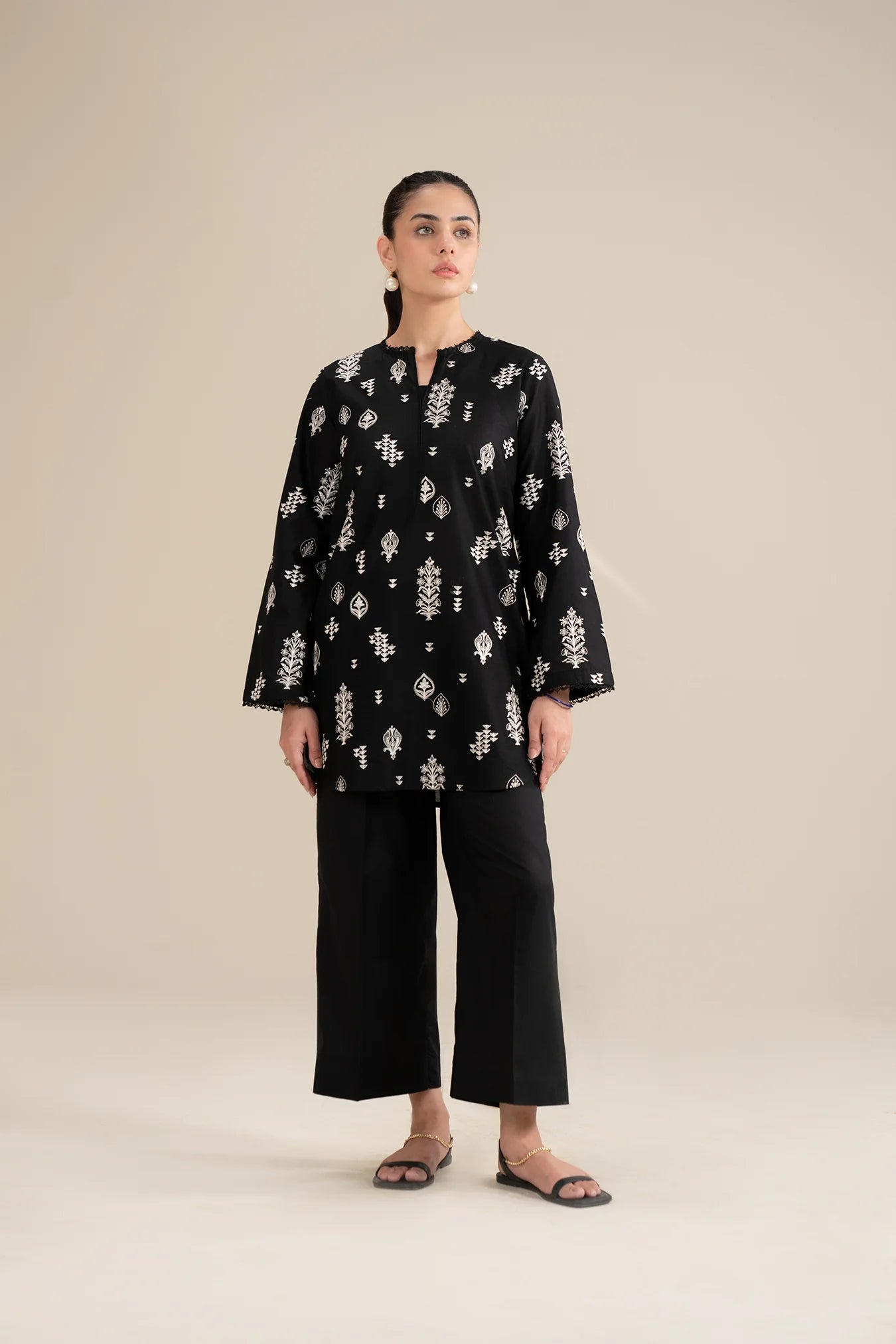 Buy black 2 piece embroidered lawn suit online - monochrome Pakistani women dress with white work