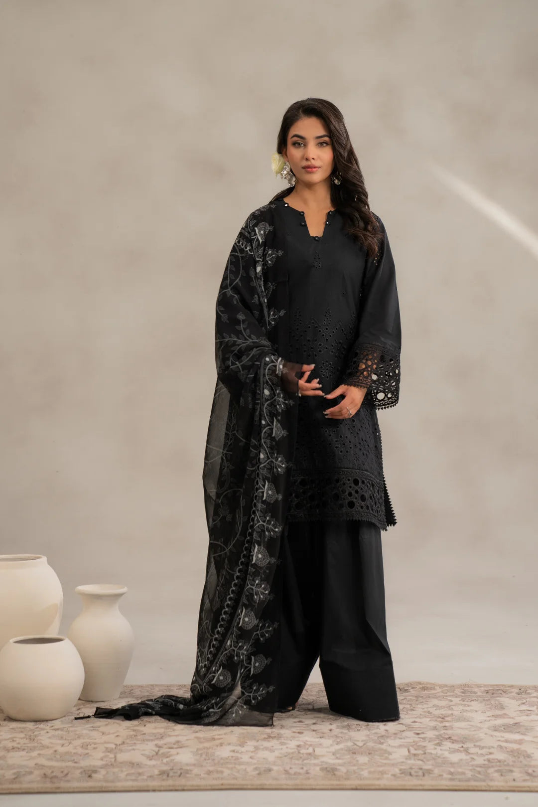 Buy black 3 piece embroidered lawn suit online - monochrome Pakistani dress with white embroidery