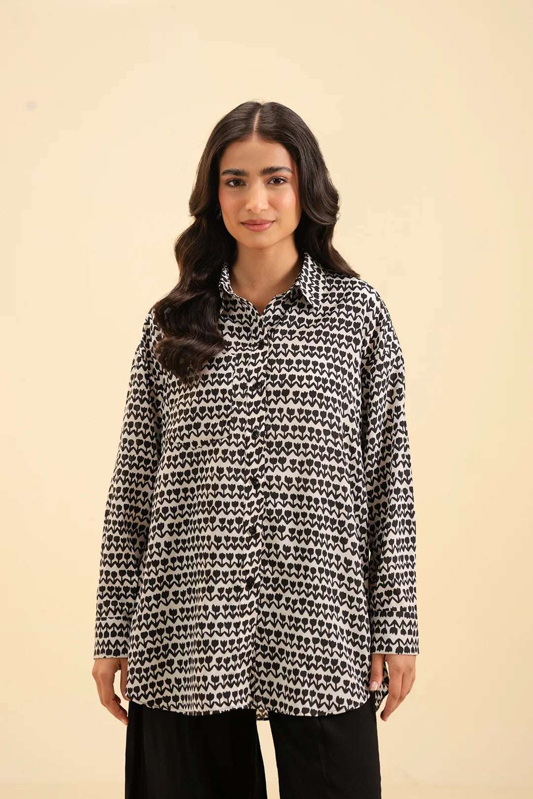 Buy black & white printed silk shirt – stylish button-down for women.