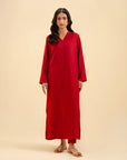 Buy elegant red raw silk suit – 2 piece solid color outfit for women.