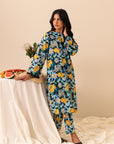 Buy ladies cambric 2-piece suit online, featuring navy base with yellow floral accents for standout style