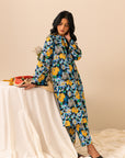 Buy ladies navy cambric suit with matching trousers and yellow floral print, perfect for chic styling