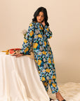 Buy ladies navy cambric suit with matching trousers and yellow floral print, perfect for chic styling