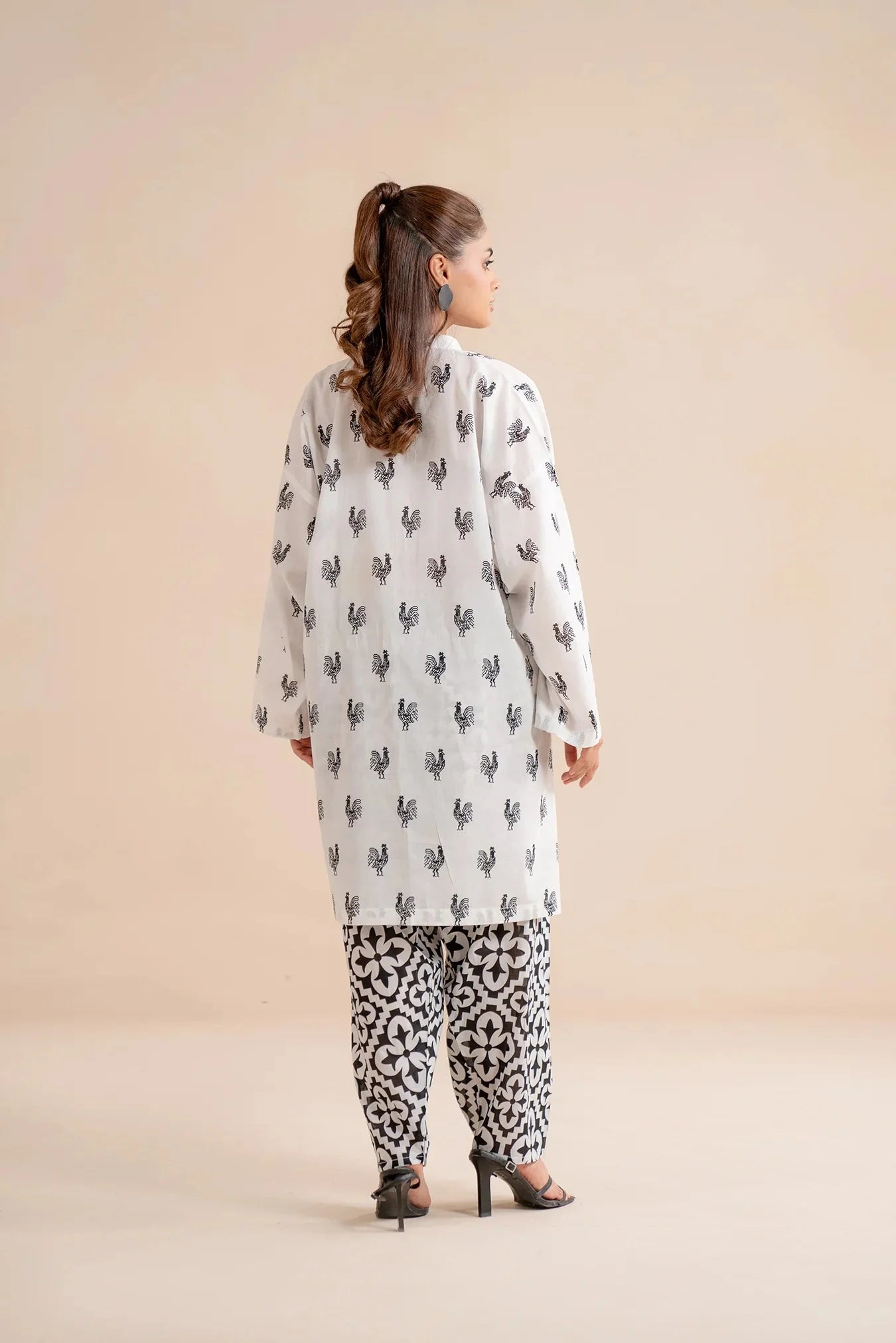 Buy monochrome 1 piece lawn shirt online - white Pakistani kurta black rooster print casual wear