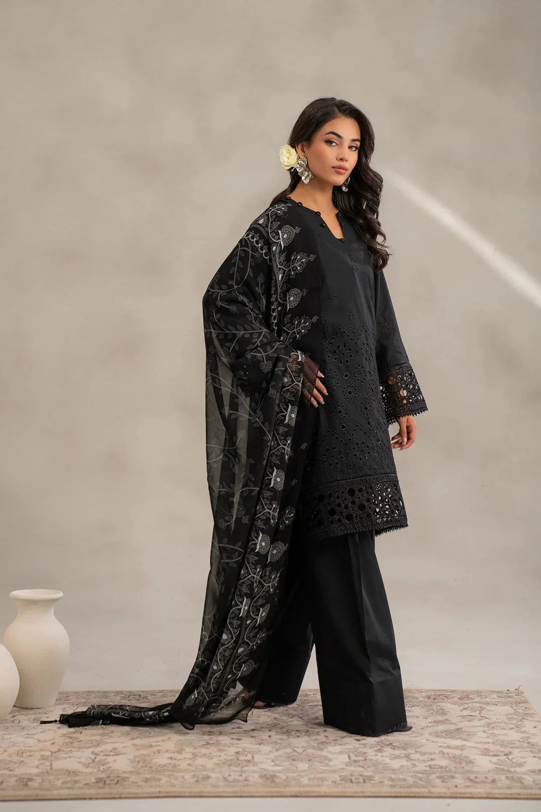 Buy monochrome 3 piece lawn suit online - black Pakistani embroidered dress with dupatta set sale